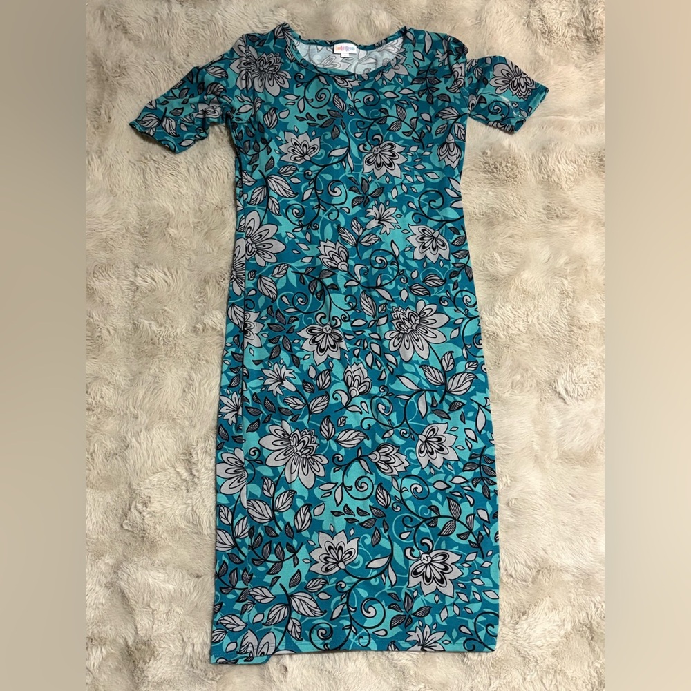 Lularoe Floral Teal Midi Dress with Short Sleeves